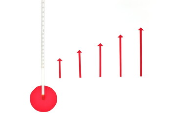 Thermometer and red arrows going up. High fever and increasing temprature trend at summer concept.