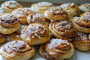Batch of freshly baked homemade Swedish style cinnamon rolls / buns with pearl sugar -Image