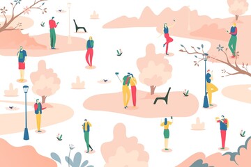 People with smartphone at park, vector illustration. Internet mobile addiction, social communication online in phone. Person flat couples character use gadget for chat, selfie. Technology lifestyle.