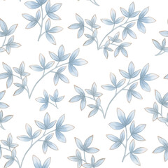 Seamless botanical pattern of watercolor leaves on a white background. Delicate watercolor painted leaves for design.