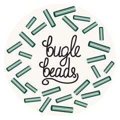 Emblem in a circle with beads and lettering at center. Nice soft colour: greenish, beige. It can be used as a logo, symbol, social media design element for needlework, beading