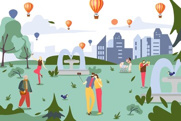 Smartphone addiction, people in city park vector illustration. Social chat at internet, mobile gadget in person character online lifestyle. Cartoon man woman with devices outside, hot air balloon.