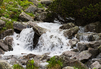 Mountain waterfall, visible flowing water bouncing on the rocks.