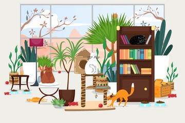 Fototapeta na wymiar Pet accessories products in home interior, vector illustration. Room design for cats, simple care about animal. Comfortable furniture at apartment, flat toys, cat bowl and plant decoration.