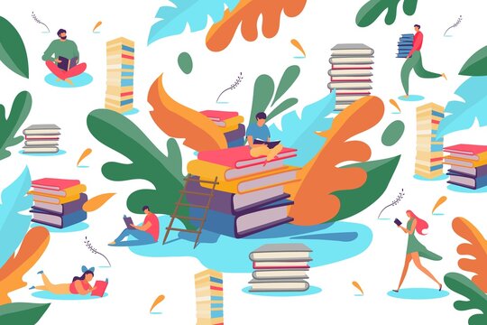 Reading book people in library, vector illustration. Man woman character study literature, knowledge education. Student flat bookworm learning with textbook stack, colorful information design.