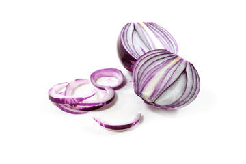 Fresh red onion cut in half and sliced isolated on a white background, copy space