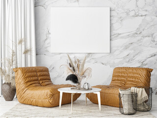 Home interior mock-up poster, Scandinavian design, two armchairs, 3d render, 3d illustration