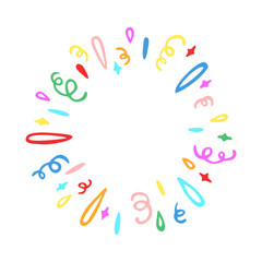 Vector freehand illustration of frame with confetti and serpentine. Abstract, hand drawn round element, isolated on white background.