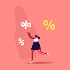 Obraz na płótnie Canvas Total Sale, Shopping Tour Activity Concept. Woman Customer Surrounded with Huge Percent Symbols. Female Character Shop Special Offer Promotion Discount and Price Off Day. Cartoon Vector Illustration