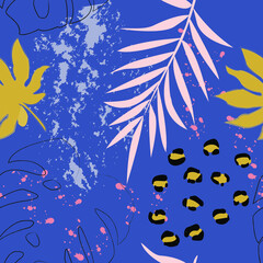 Fototapeta na wymiar pattern with abstraction elements and tropical leaves