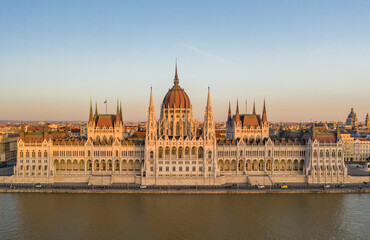 Fototapeta na wymiar Aerial drone shot of Hungarian Parliament facade during Budapest sunset