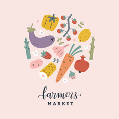 Vegetable poster, farmers market banner, hand drawn illustration with fruits and vegetables collection, vector artwork with tomato, lemon, asparagus, decorative print for kitchen or food fair