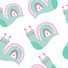 Hand drawn vector decorative pattern of cute snail. Children vector clothing print. Design for posters, cards, prints, background. Elements for kids room.