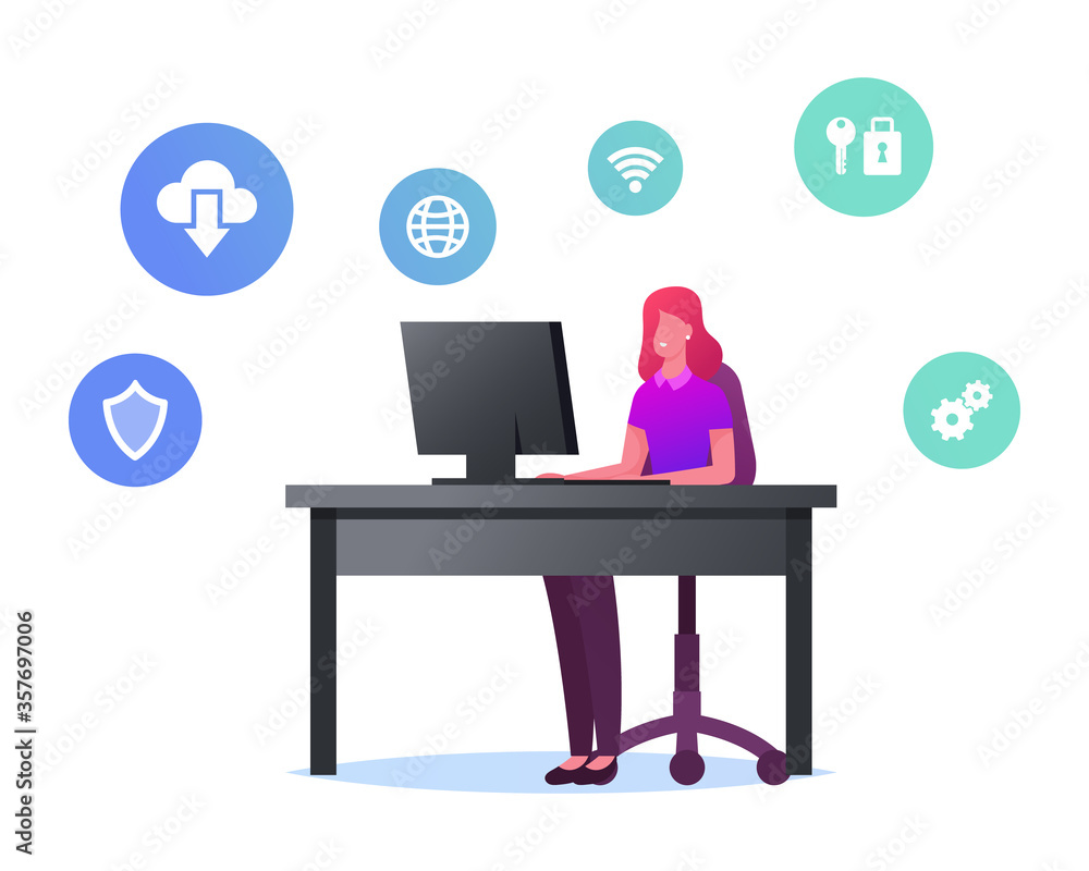 Poster female character working on pc use virtualized cloud computing and vpn service for protecting inform