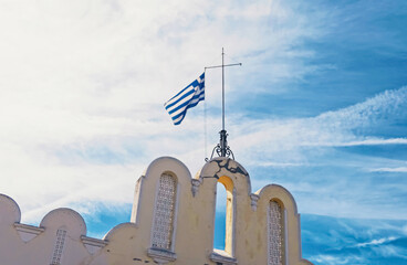Greek flag and blue sky, travel and politics concept