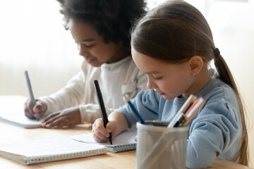 Fototapeta African Caucasian schoolgirl mates sit at desk writing task learning subject in classroom. Multiracial girls use felt-tip pen noting on workbook do schoolwork at home. Homeschooling, education concept obraz