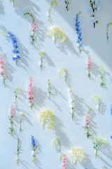 A lot of flowers of different colors fixed on a wall of white, blue, pink, yellow colors. Home decor background. Flower multicolored installation. Selective focus.