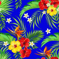 Fototapeta na wymiar Exotic seamless vector pattern with hibiscus, orchid and palm leaves. Tropical summer print.