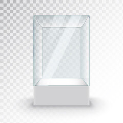 Empty Glass Showcase on pedestal. Museum glass box isolated advertising or business design boutique