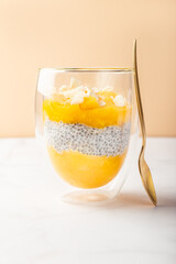 Homemade 4 Ingredient Mango Chia Pudding made with Almond or Coconut Milk in the Double Wall Glass Cups