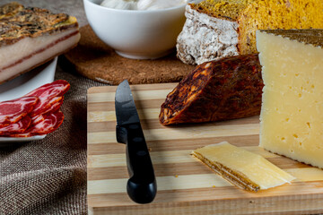 typical products of Spanish gastronomy, Manchego cheese, chorizo
