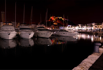 Alicante Marina and Castillo Santa Barbara at night