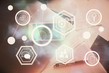 Double exposure of social network theme drawing over table with phone. Top view. People connecting concept.