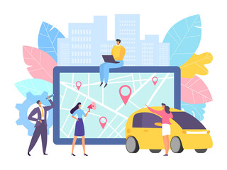 Fototapeta na wymiar Online map navigation for car at large tablet, vector illustration. Business people near device with transport application, auto travel. Drive service design on smartphone, cityscape background.