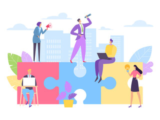 Team work, building business puzzle, vector illustration. People character together design idea and success strategy, partnership. Business cooperation communication, man woman promote and work.