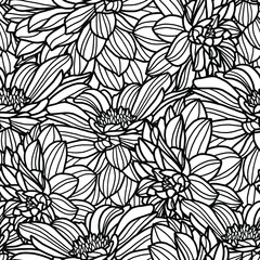 Vector illustration. Seamless background. Coloring page. Dahlia flowers. Botanical illustration. Black line.