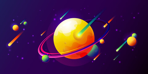 Fototapeta na wymiar Fantasy colorful art with planets, rings, stars and comets. Cool cosmic background for game or poster design
