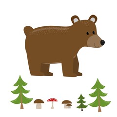 funny smiling standing bear from side with forest elements (tree, mushroom) isolated on white background, cute vector illustration for children