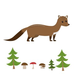 funny smiling standing marten from side with forest elements (tree, mushroom) isolated on white background, cute vector illustration for children