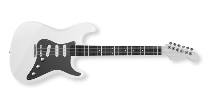 Vector 3d Realistic White and Black Classic Old Retro Electro Wooden Guitar Icon Closeup Isolated on White Background. Design Template, Mockup, Clipart. Musical Art Concept. Top View