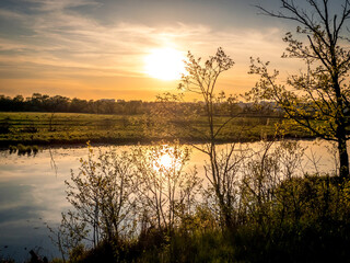 Natural pond with trees in spring during sunset in Central Russia, Vladimir Region