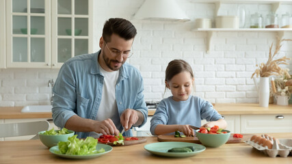 Caring daddy his little daughter prepare dinner for family cutting fresh vegetables enjoy cooking...