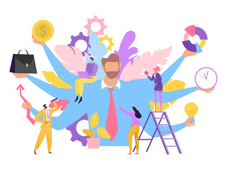 Business assistant in virtual work, computer concept vector illustration. Multitasking person office worker, cartoon character. Busy man with many hands help people, do tasks for company workers.