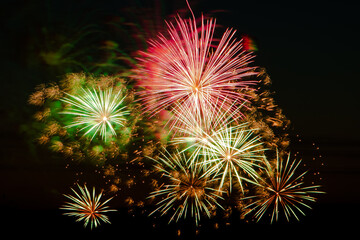 Fototapeta premium Bright colored fireworks on a festive night. Explosions of colored fire in the sky.