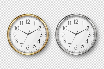 Vector 3d Realistic Simple Round Silver and Golden Wall Office Clock with White Dial Icon Set Closeup Isolated on White Background. Design Template, Mock-up for Branding, Advertise. Front or Top View