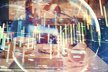 Double exposure of business theme drawing and office interior background. Concept of success