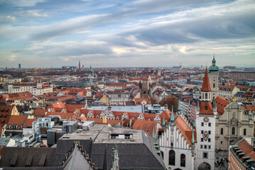 Fototapeta na wymiar Panoramic urban landscape above historical part of Munich, Germany.