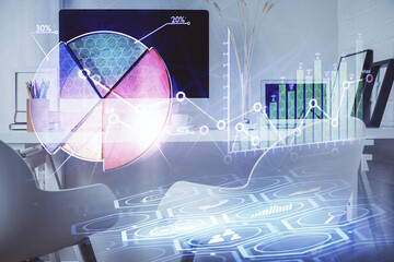 Double exposure of stock market graph drawing and office interior background. Concept of financial analysis.