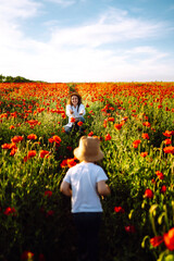 Mom and little daughter are playing in the field of flowering poppies. Young mom with small child having fun on sunny field. Happy Motherhood.