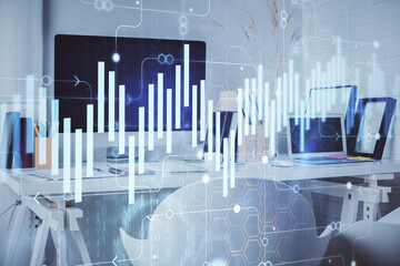 Double exposure of stock market graph drawing and office interior background. Concept of financial...