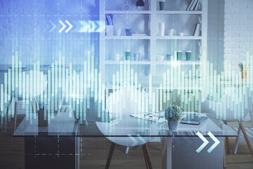 Double exposure of financial graph drawing and office interior background. Concept of stock market.