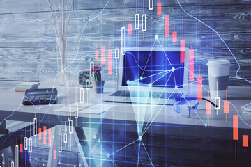 Double exposure of financial graph drawing and office interior background. Concept of stock market.