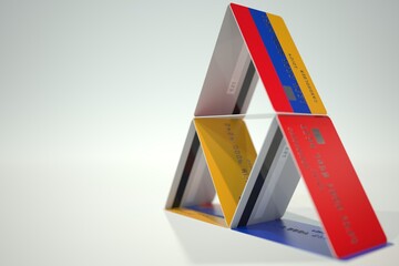 Flag of Armenia on plastic bank card house, fictional data. Financial instability related 3D rendering