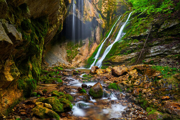 Rehbach waterfall (near Schattwald, Tyrol, Austria) in springtime	