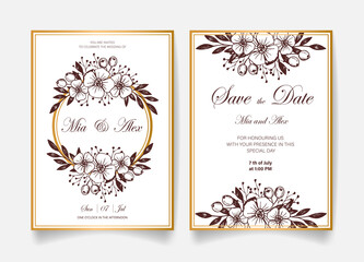 Wedding invitation card, save the date with golden frame, flowers, leaves and branches.
