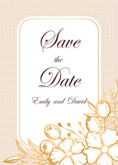 Wedding invitation card, save the date with golden frame, flowers, leaves and branches.
